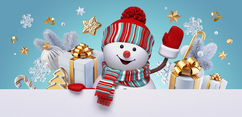 3d render, Christmas greeting card with cute smiling snowman toy waving his hand, gift boxes and festive ornaments, over the turquoise blue background
