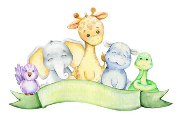 snake, python, hippopotamus, parrot, elephant, giraffe, zebra. Cute African animals in cartoon style, on an isolated background.
