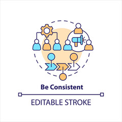 Be consistent concept icon. Keep audiences engaged. Post content regularly. SMM plan abstract idea thin line illustration. Isolated outline drawing. Editable stroke. Arial, Myriad Pro-Bold fonts used