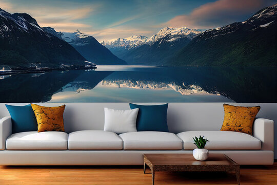 luxury modern home interior with mountain landscape wallpaper © Gbor