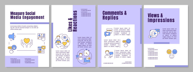 Measure social media engagement purple brochure template. Users analysis. Leaflet design with linear icons. Editable 4 vector layouts for presentation, annual reports. Anton, Lato Regular fonts used © bsd studio