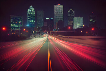 Fototapeta na wymiar futuristic night traffic in the city, vehicle lights, long exposure, cyberpunk colors