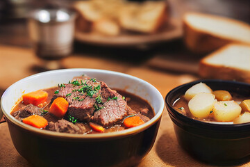 beef stew with vegetables in a pan, hungarian gulash soup