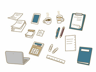 オフィス文具と雑貨と飲み物のイラスト素材セット