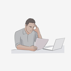 man in office desk holding his head confuse and with problem reading letter report