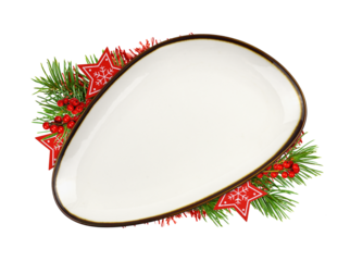 White triangle empty dish with brown edging and Christmas decorations isolated on white or transparent background