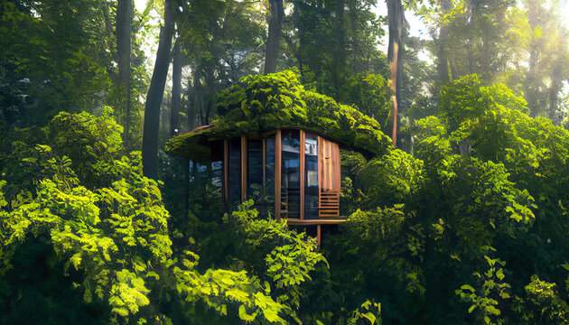 Illustration of fururistic tinytree house surrounded by greenery