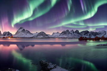 aurora borealis over lake and ocean and mountains, norvegia, lofoten northern lights