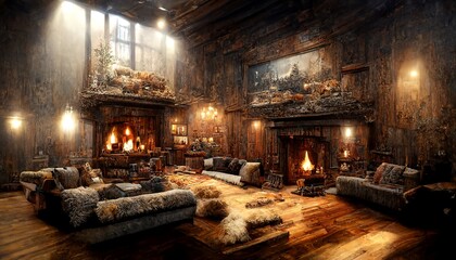 Obraz premium Rustic style winter mansion living room interior with fireplace illustration design