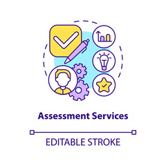 Assessment services concept icon. Information. Supplementary education provider abstract idea thin line illustration. Isolated outline drawing. Editable stroke. Arial, Myriad Pro-Bold fonts used