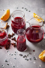 Homemade cranberry sauce with whole cranberries, a classic side dish for Thanksgiving and Christmas. Traditional holiday food served as a sweet and tangy condiment.