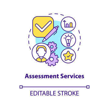 Assessment services concept icon. Information. Supplementary education provider abstract idea thin line illustration. Isolated outline drawing. Editable stroke. Arial, Myriad Pro-Bold fonts used