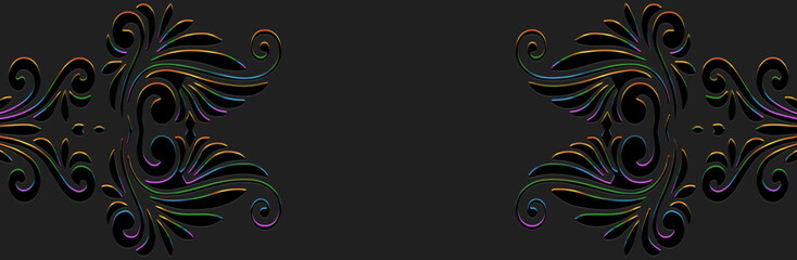 Banner, fantasy cover design, place for text. Embossed geometric 3d pattern on a black background, paper press, boho style, handmade. Tribal ethnicity, vintage festive texture for presentation, websit