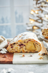 Christmas stollen sliced open revealing the delicious inside