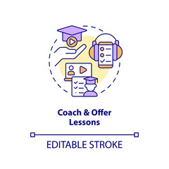 Coach and offer lessons concept icon. Web streamer. Making money with live streaming abstract idea thin line illustration. Isolated outline drawing. Editable stroke. Arial, Myriad Pro-Bold fonts used