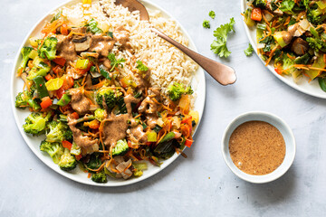 Vegetarian stir fry dish with rice and vegetables
