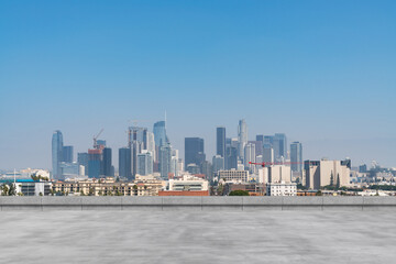 Obraz premium Skyscrapers Cityscape Downtown, Los Angeles Skyline Buildings. Beautiful Real Estate. Day time. Empty rooftop View. Success concept.