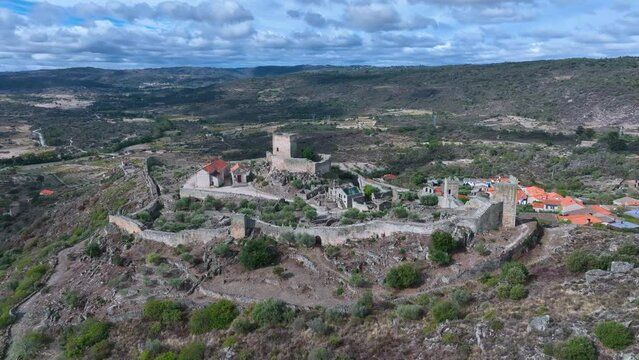 Aerial landscape from a drone of town of Marialva, Portuguese parish of the concelho de M&ecirc;da. Historic Villages. Portugal. Europe