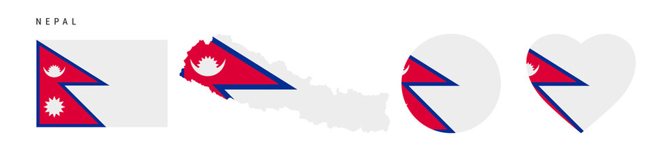 Nepal flag icon set. Nepali pennant in official colors and proportions. Rectangular, map-shaped, circle and heart-shaped. Flat vector illustration isolated on white.