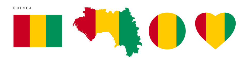 Guinea flag icon set. Republic of Guinea pennant in official colors and proportions. Rectangular, map-shaped, circle and heart-shaped. Flat vector illustration isolated on white.