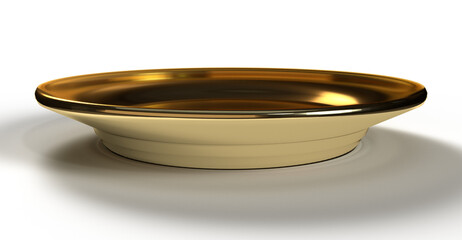 Isolated Gold or Copper Plate, Old Crockery on White Background. Realistic Shot of 3D illustration.