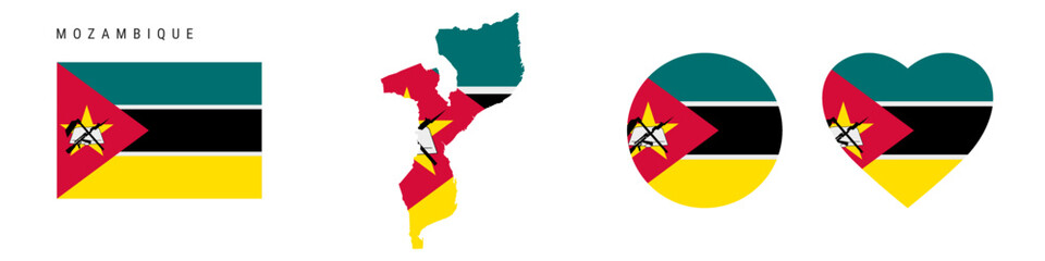 Mozambique flag icon set. Mozambican pennant in official colors and proportions. Rectangular, map-shaped, circle and heart-shaped. Flat vector illustration isolated on white.