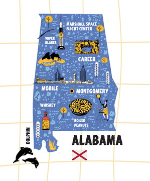 Alabama USA map flat hand drawn vector illustration. Names lettering and cartoon landmarks, tourist attractions cliparts.Montgomery travel, trip comic infographic poster, banner conce.ai