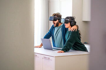 newlywed couple wondering about metaverse experience wearing 3d goggles having fun together