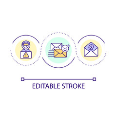 Internet scam loop concept icon. Digital fraud. Hacker attacks. Social engineering crime. Blackmail abstract idea thin line illustration. Isolated outline drawing. Editable stroke. Arial font used