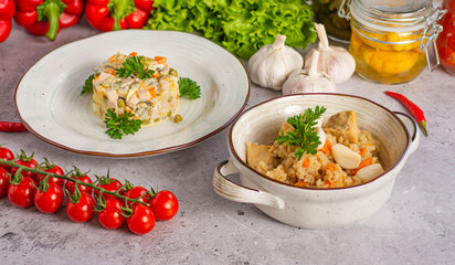 chicken with stew, pilaf