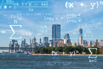 Brooklyn and Manhattan bridges with New York City financial downtown skyline panorama at day time over East River. Technologies, education concept. Academic research, top ranking university, hologram