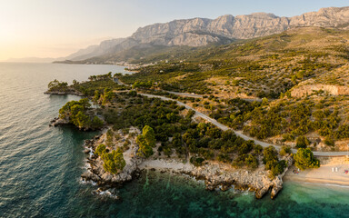 Aerial shot of a beautiful coast of Croatia, Island Hvar, rocky beach, crystal clear sea