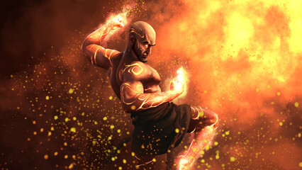 fiery warrior monk in combat stance casts fire in fists and legs. 2d illustration - obrazy, fototapety, plakaty