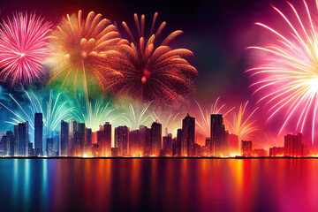 Fototapeta na wymiar happy new year fireworks over the city