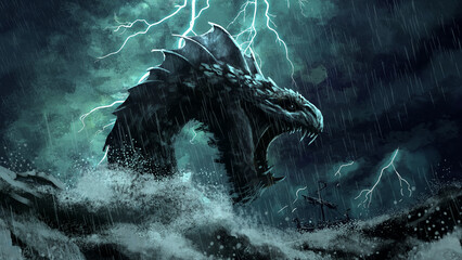 A terrible sea giant serpent attacks a Viking ship during a storm. 2d illustration