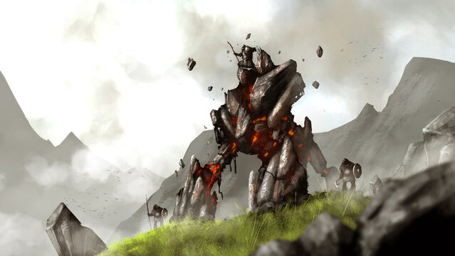 Stone golem subordinated by a wizard surrounded by mountains in the fog. 2d illustration.