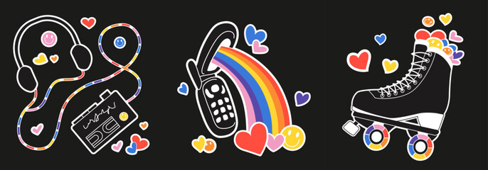 Set Cute girly roller skate sticker, flip phone and music player with rainbow in retrowave aesthetic. Girly y2k sticker, 90s and 2000s style