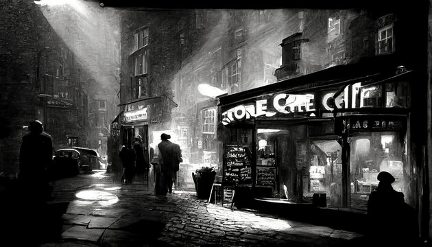 AI generated image of a noir scene with a detective following a lead at a coffee shop