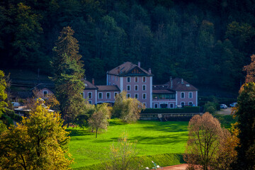 Uriage les Bains France 11 2022 view of the city from the ramparts of the castle of Uriage in autumn