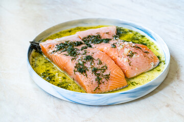 Marinated Raw Salmon with Dill and Olive Oil.