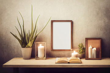 boho style room with an empty wooden picture frame, creamy colors, candles