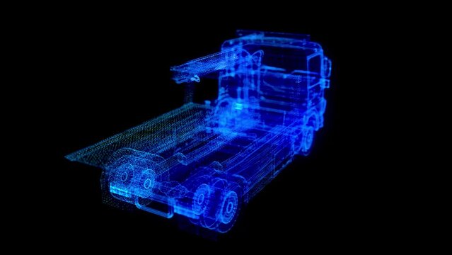 Breakdown car. Truck with with a platform for transporting cars. Digital technology visualization of 3d.