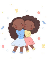 Kawaii African American girls hugging. Cute little sisters with flowers. design. Stock vector illustration isolated on white background.