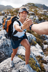 Woman get help hand on mountain hiking with partner, friends or coach for fitness, health and...