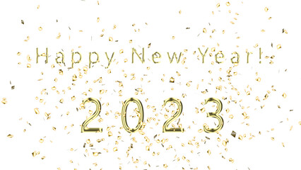 New Years Confetti and Greetings 2023. Greetings card with gold shine confetti, text and numbers, transparent PNG format.
