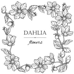 Vector trendy square frame of luxury dahlia flowers and trendy botanical elements black and white on white background. Hand drawn line leaves, branches and blooming. Elegant flowers for invitation 