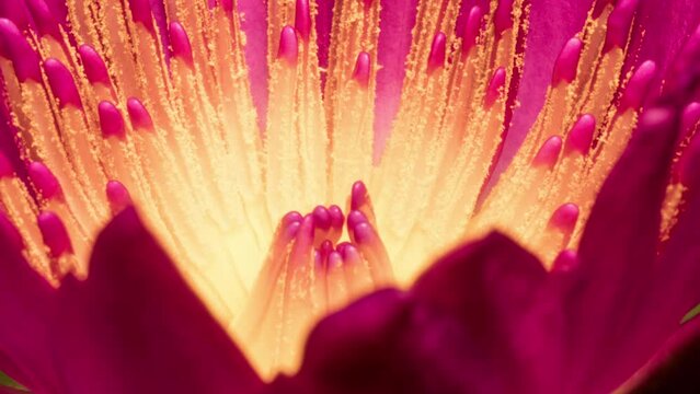 Pink Sensation Water Lily burst into flower, revealing beautiful color stamen in macro, time lapse of flower opening.  Nymphaea pubescens.
