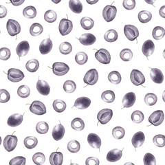 Watercolor pattern with olive berries isolated. Hand painted olive in white.
