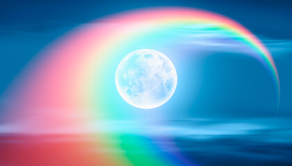 Blue full moon and rainbow between two clouds