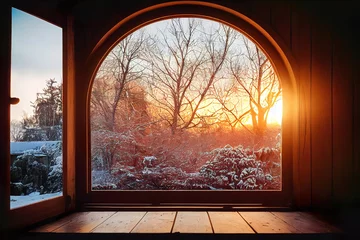Gordijnen interieur van een houten huis, winterlandschap buiten, sauna-interieur © Gbor
